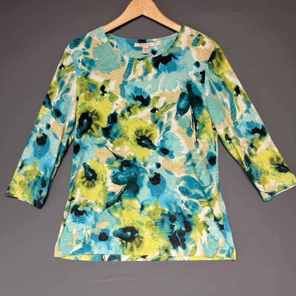 JM Collection Womens Medium Blue Green Watercolor Floral Textured 3/4 Sleeve Top - Picture 1 of 4